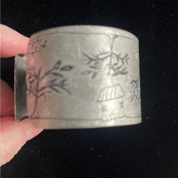 Vintage Silver Toned Metal Engraved Asian Cuff Bracelet - Picture 2 of 7